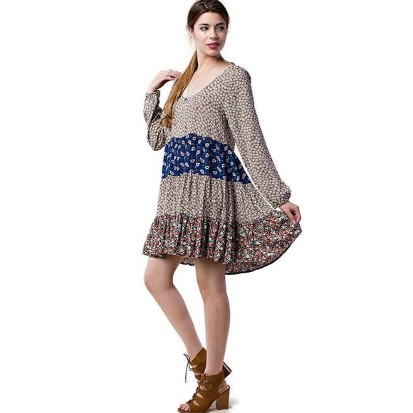 Kori Dresses & Skirts - Kori America Mixed Print Tie Back Dress, Taupe